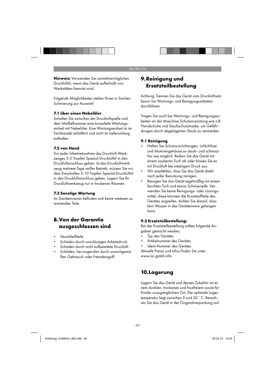 Von der garantie ausgeschlossen sind, Reinigung und ersatzteilbestellung, Lagerung | Parkside PDMH 4500 A2 User Manual | Page 59 / 66
