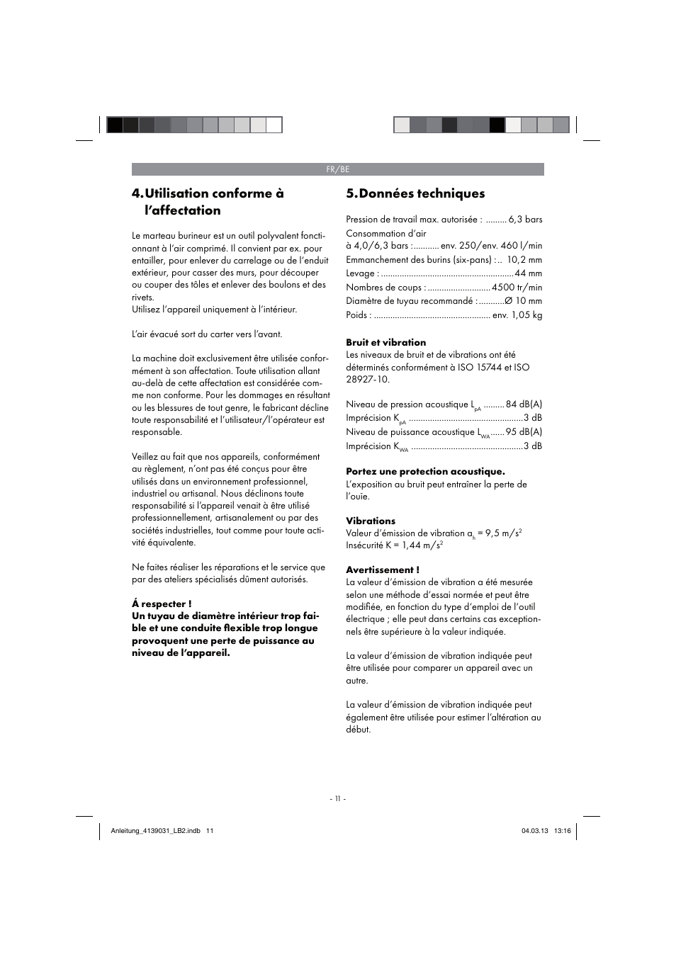 Utilisation conforme à l’affectation, Données techniques | Parkside PDMH 4500 A2 User Manual | Page 11 / 54