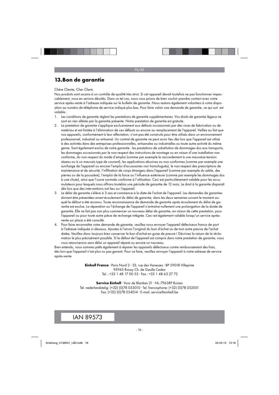 Bon de garantie | Parkside PDMH 4500 A2 User Manual | Page 16 / 54