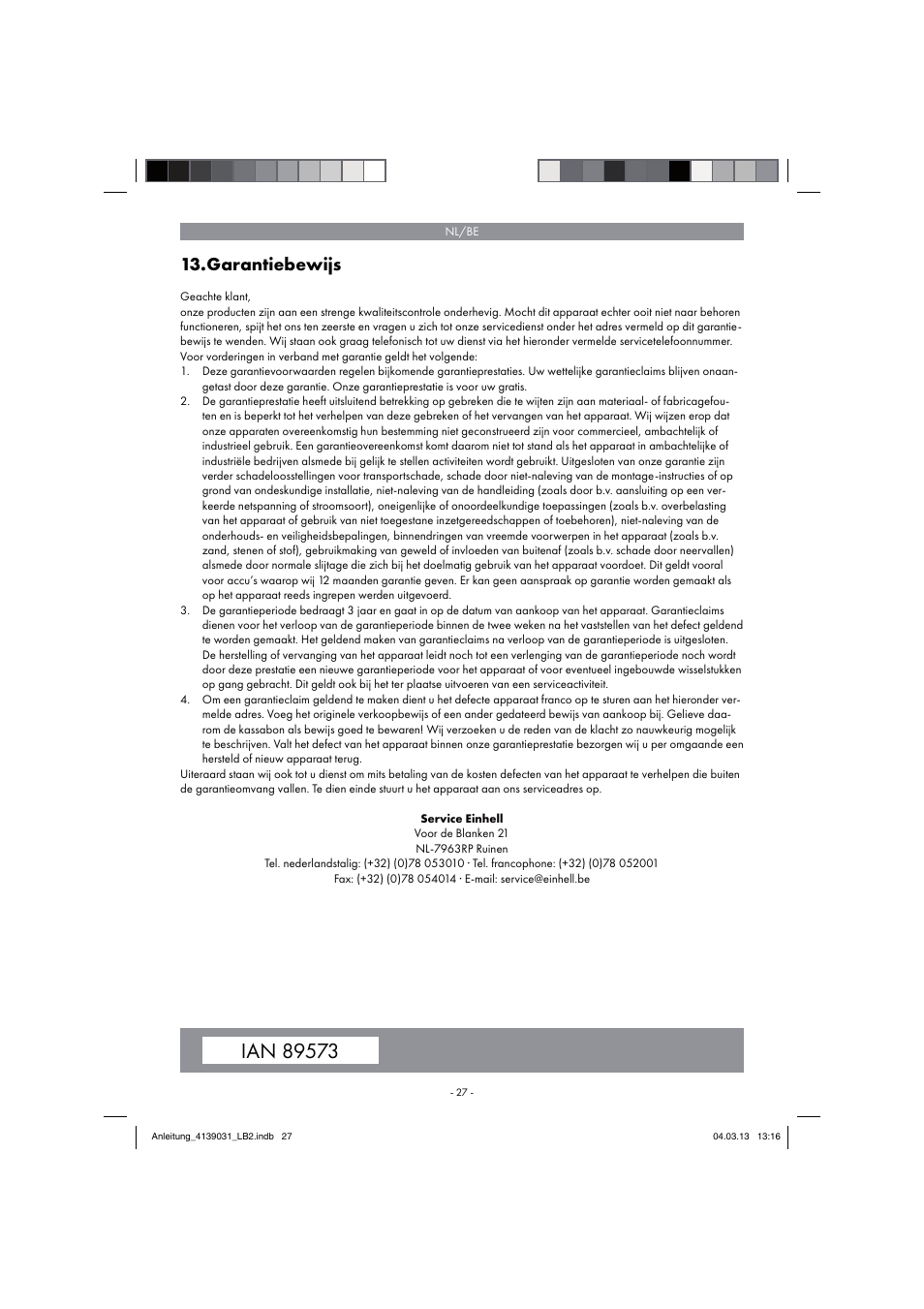 Garantiebewijs | Parkside PDMH 4500 A2 User Manual | Page 27 / 54