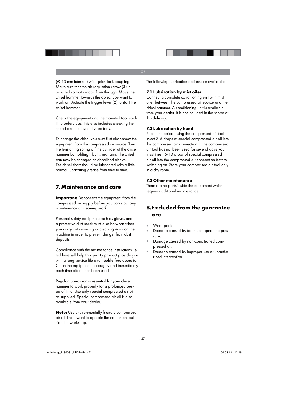 Maintenance and care, Excluded from the guarantee are | Parkside PDMH 4500 A2 User Manual | Page 47 / 54