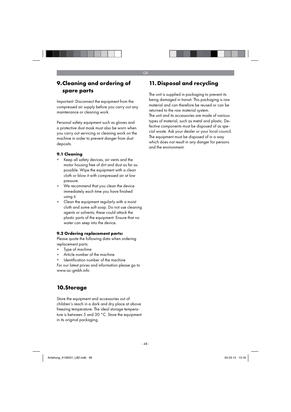 Cleaning and ordering of spare parts, Storage, Disposal and recycling | Parkside PDMH 4500 A2 User Manual | Page 48 / 54