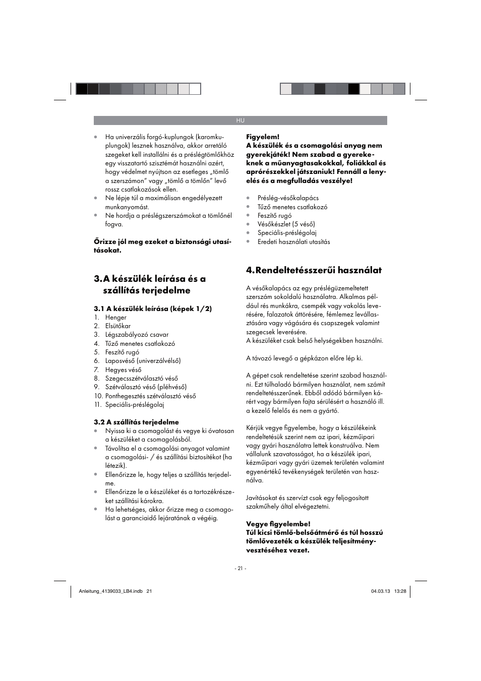 A készülék leírása és a szállítás terjedelme, Rendeltetésszerűi használat | Parkside PDMH 4500 A2 User Manual | Page 21 / 90