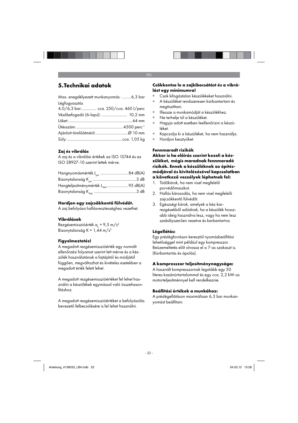 Technikai adatok | Parkside PDMH 4500 A2 User Manual | Page 22 / 90