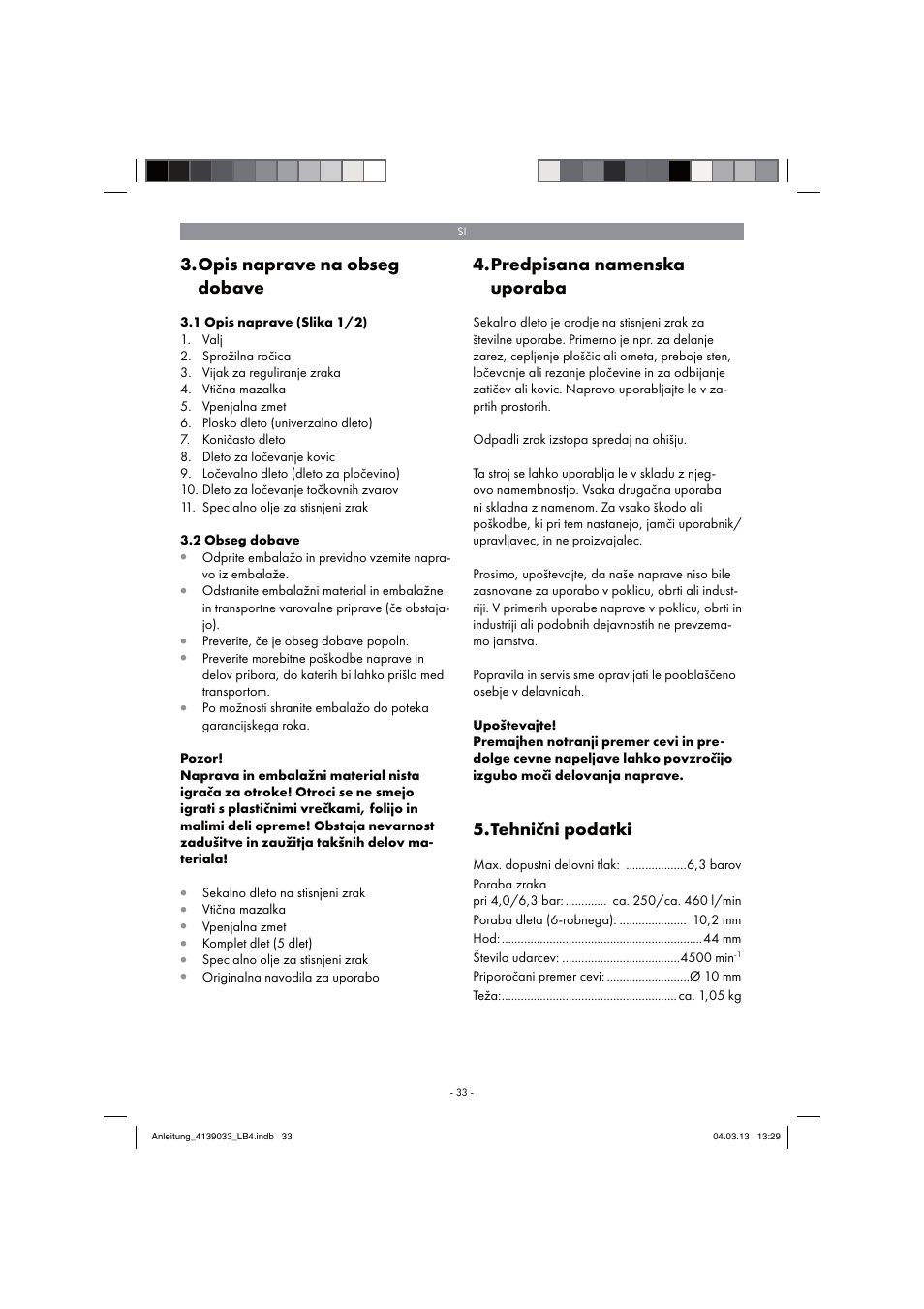 Opis naprave na obseg dobave, Predpisana namenska uporaba, Tehnični podatki | Parkside PDMH 4500 A2 User Manual | Page 33 / 90