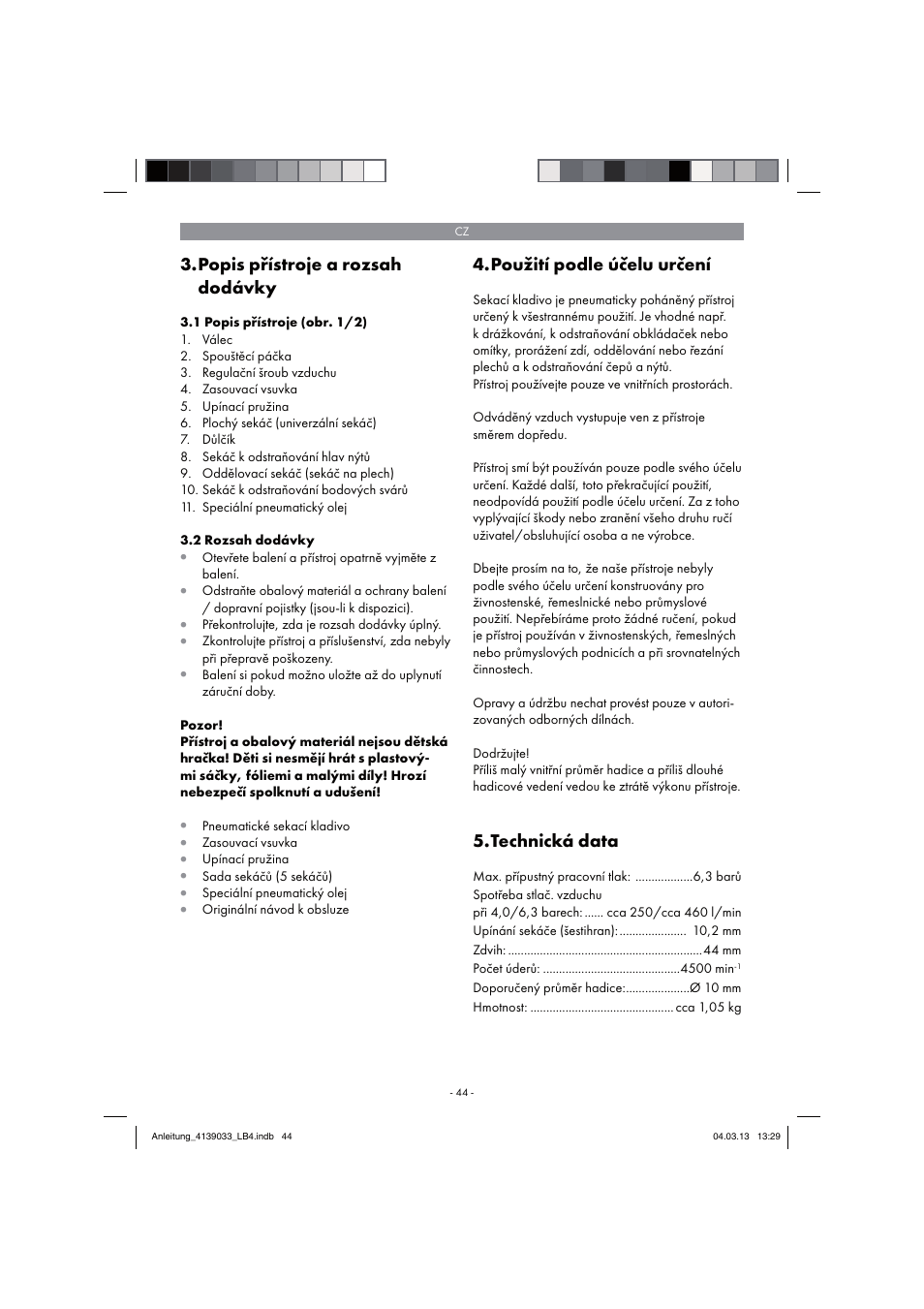 Popis přístroje a rozsah dodávky, Použití podle účelu určení, Technická data | Parkside PDMH 4500 A2 User Manual | Page 44 / 90