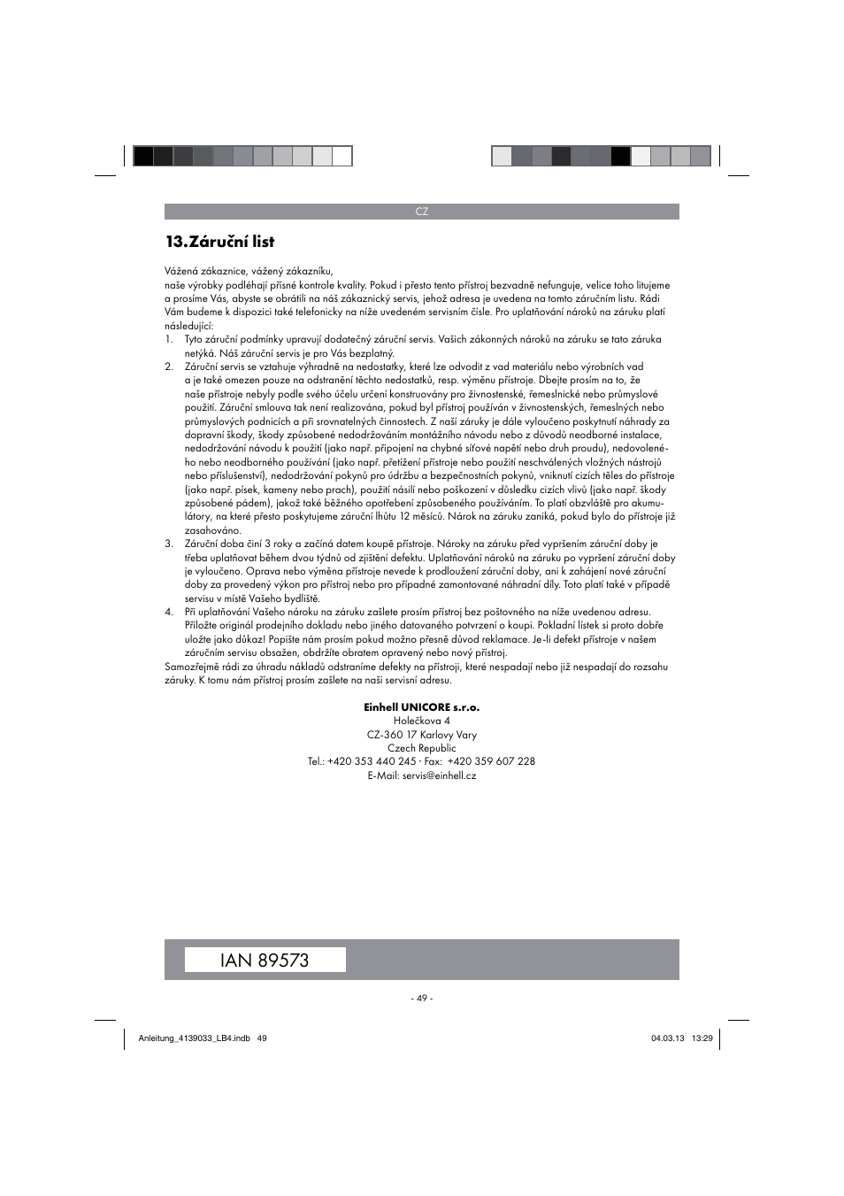 Záruční list | Parkside PDMH 4500 A2 User Manual | Page 49 / 90