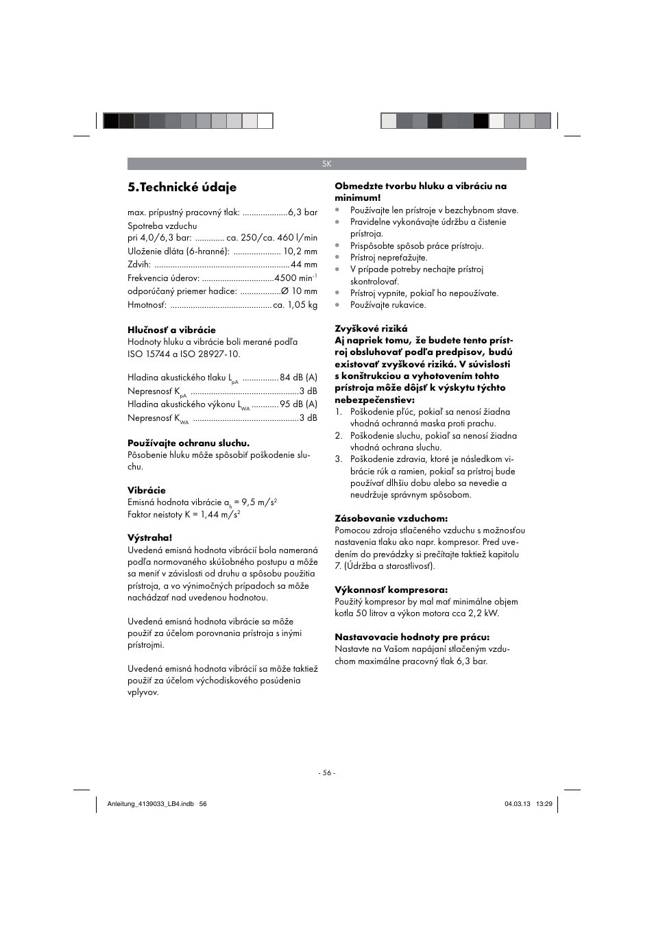 Technické údaje | Parkside PDMH 4500 A2 User Manual | Page 56 / 90