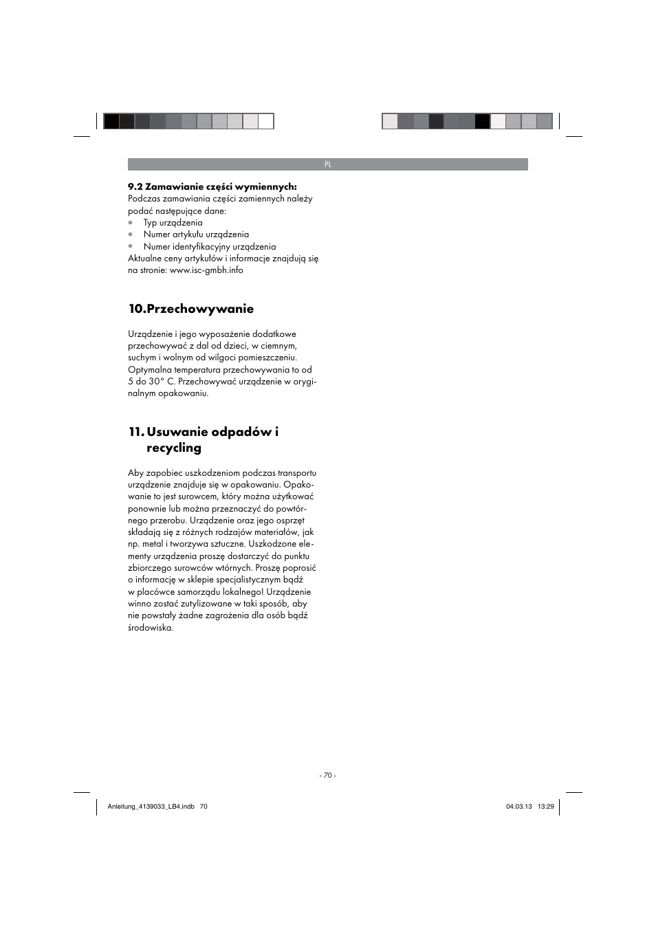 Przechowywanie, Usuwanie odpadów i recycling | Parkside PDMH 4500 A2 User Manual | Page 70 / 90