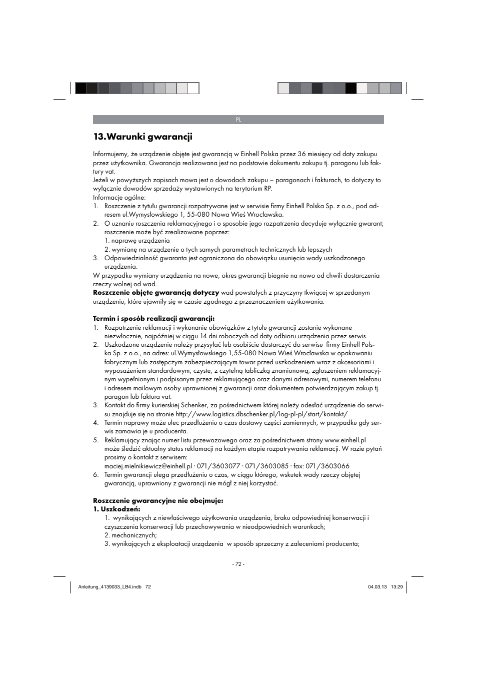Warunki gwarancji | Parkside PDMH 4500 A2 User Manual | Page 72 / 90