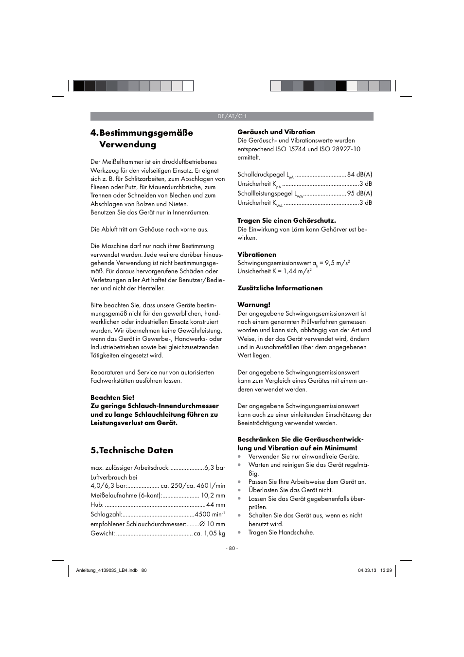 Bestimmungsgemäße verwendung, Technische daten | Parkside PDMH 4500 A2 User Manual | Page 80 / 90
