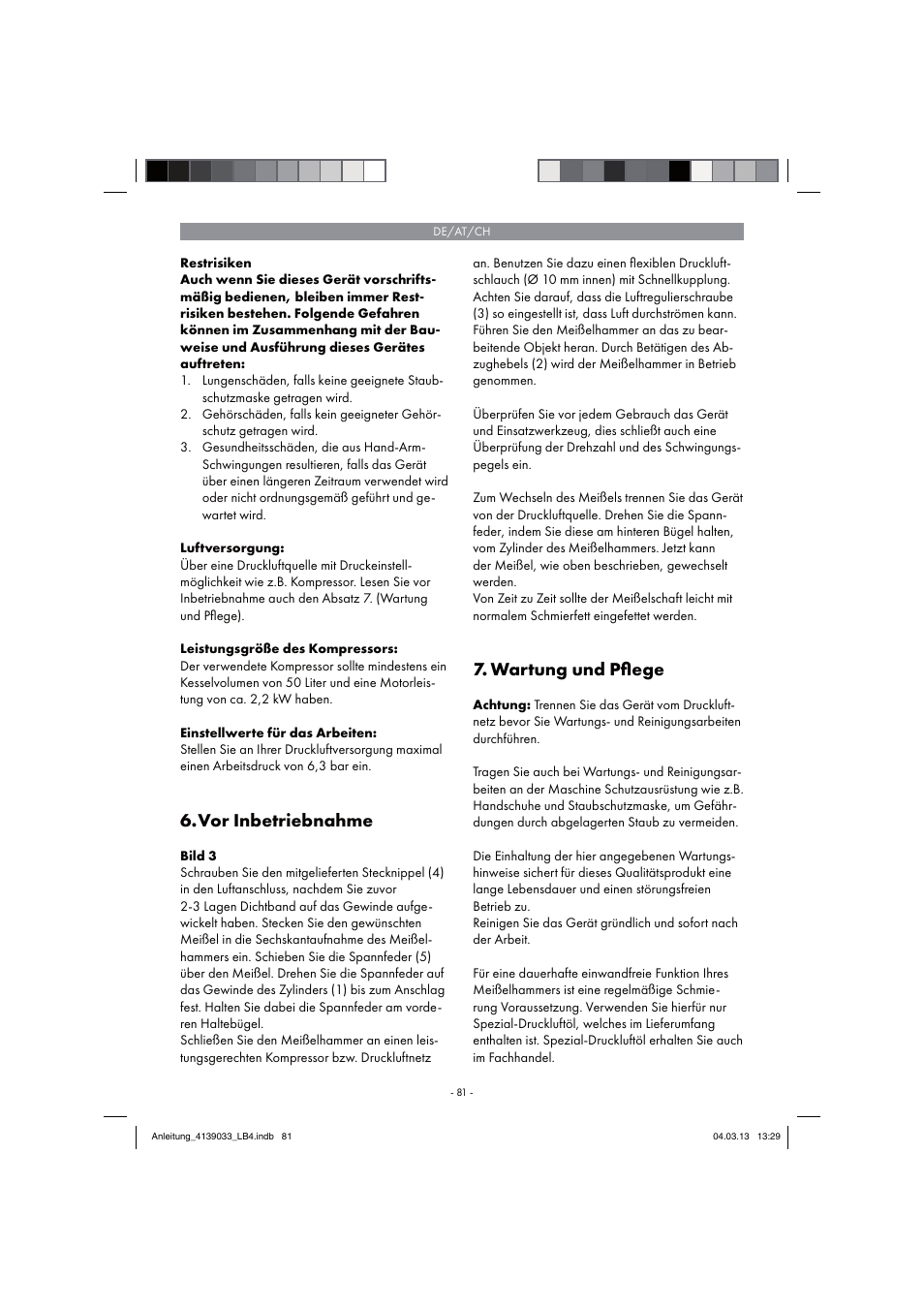 Vor inbetriebnahme, Wartung und pﬂ ege | Parkside PDMH 4500 A2 User Manual | Page 81 / 90