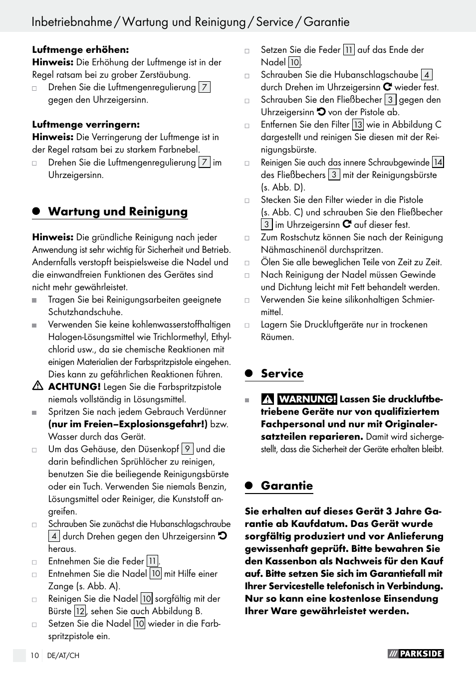 Garantie / entsorgung, Wartung und reinigung, Service | Garantie | Parkside PDFP 500 A1 User Manual | Page 10 / 44