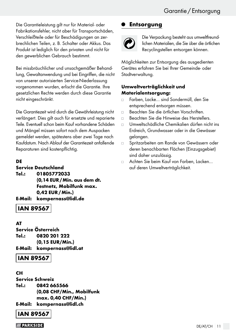 Entsorgung | Parkside PDFP 500 A1 User Manual | Page 11 / 44