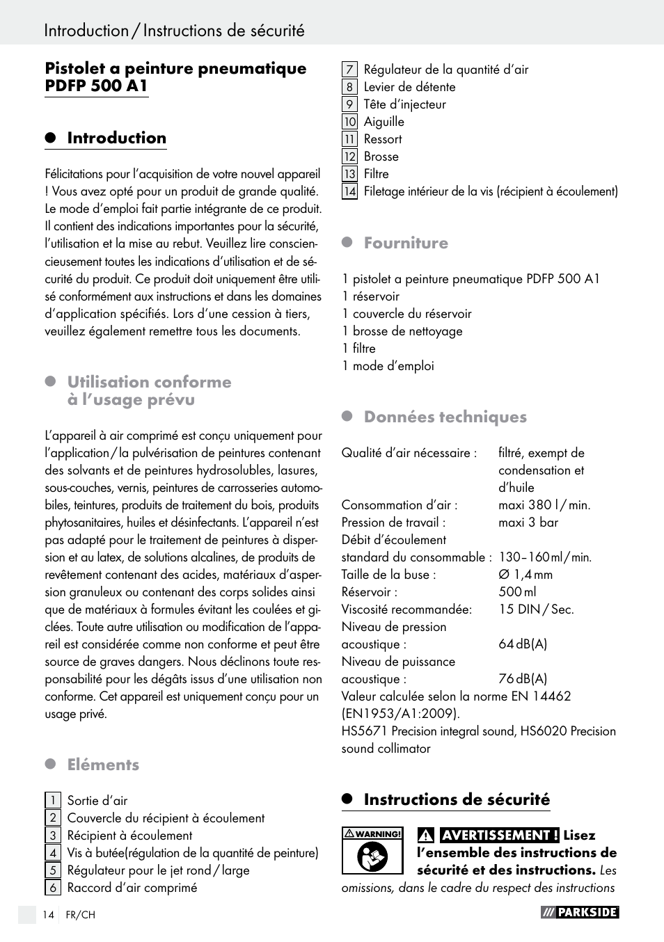 Pistolet a peinture pneumatique pdfp 500 a1, Introduction, Utilisation conforme à l’usage prévu | Eléments, Fourniture, Données techniques, Instructions de sécurité | Parkside PDFP 500 A1 User Manual | Page 14 / 44