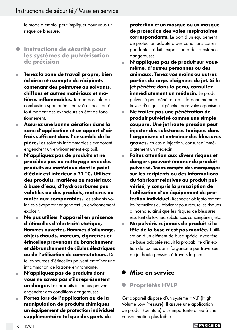 Mise en service, Propriétés hvlp | Parkside PDFP 500 A1 User Manual | Page 16 / 44
