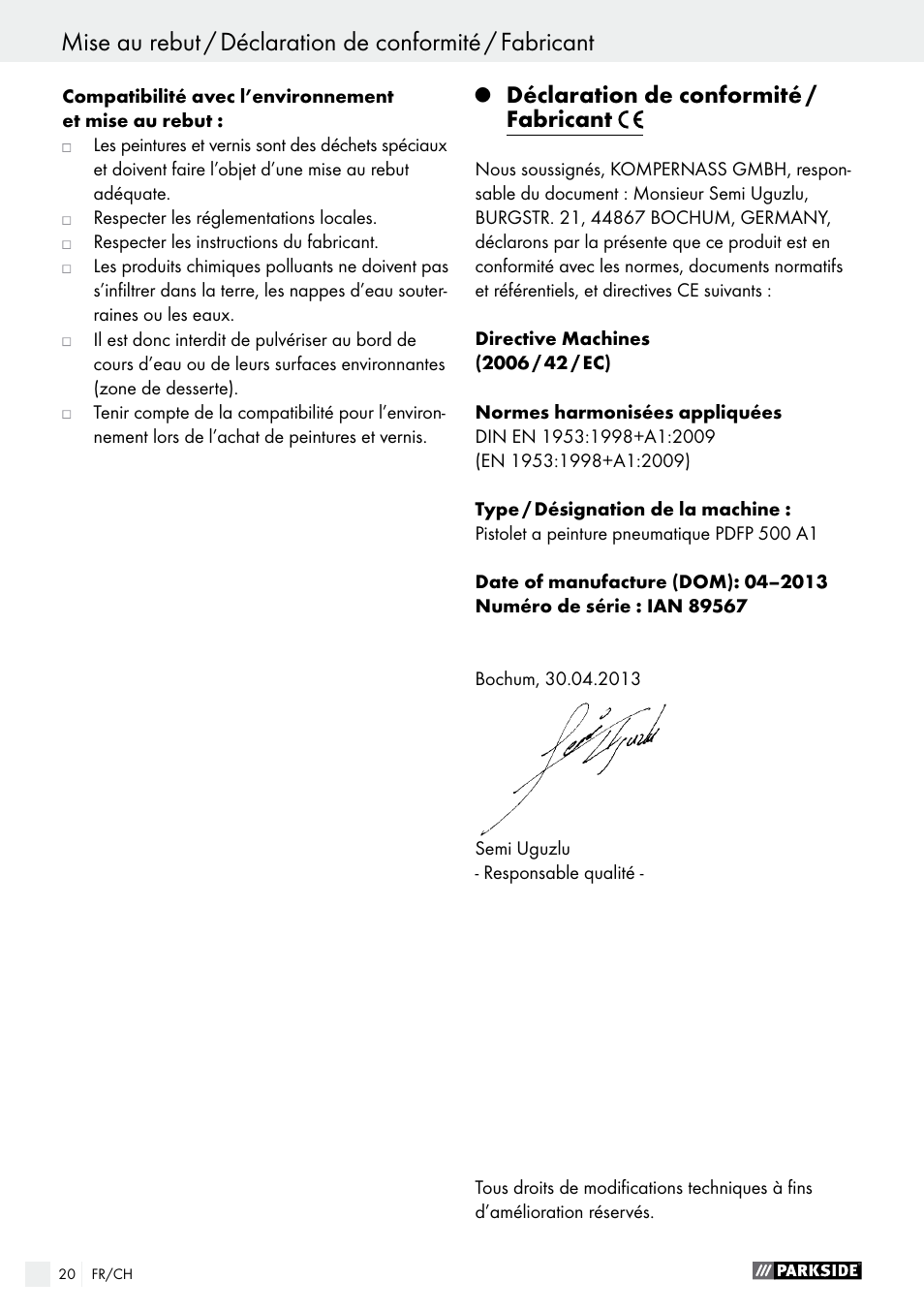 Indice, Déclaration de conformité / fabricant | Parkside PDFP 500 A1 User Manual | Page 20 / 44