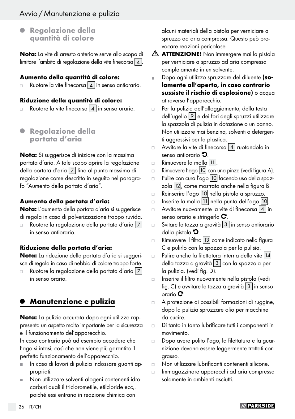 Regolazione della quantità di colore, Regolazione della portata d’aria, Manutenzione e pulizia | Parkside PDFP 500 A1 User Manual | Page 26 / 44