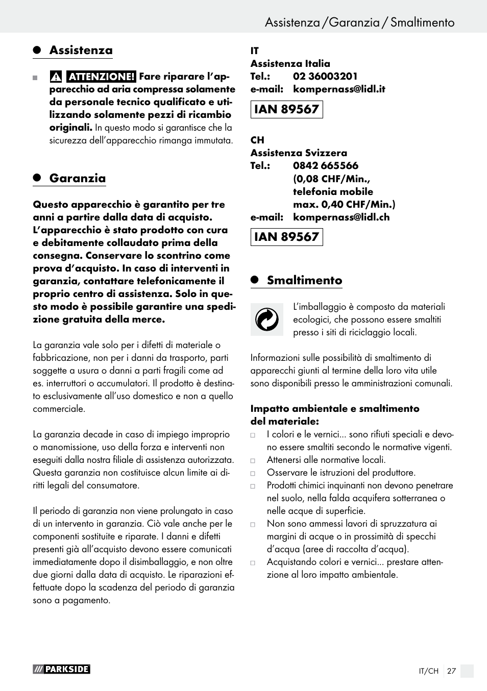 Assistenza, Garanzia, Smaltimento | Parkside PDFP 500 A1 User Manual | Page 27 / 44