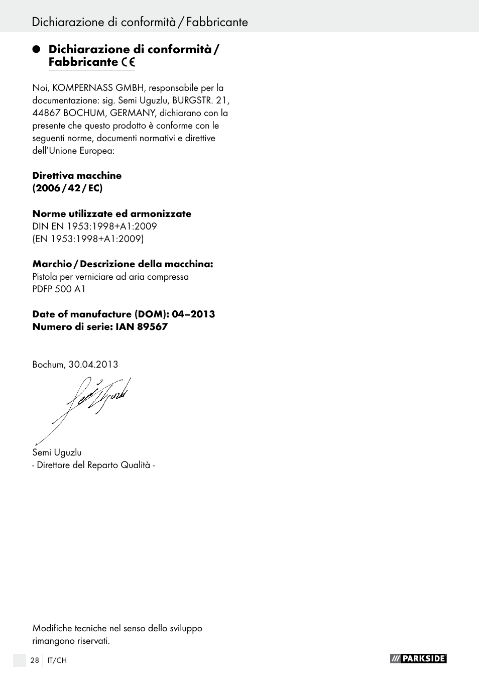 Inhoudsopgave, Dichiarazione di conformità / fabbricante | Parkside PDFP 500 A1 User Manual | Page 28 / 44