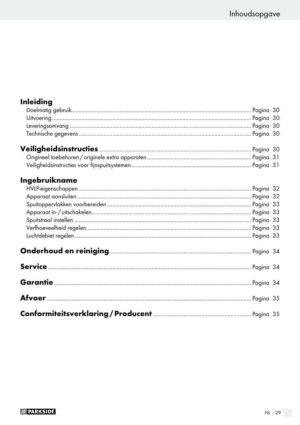 Inhoudsopgave, Dichiarazione di conformità / fabbricante | Parkside PDFP 500 A1 User Manual | Page 29 / 44