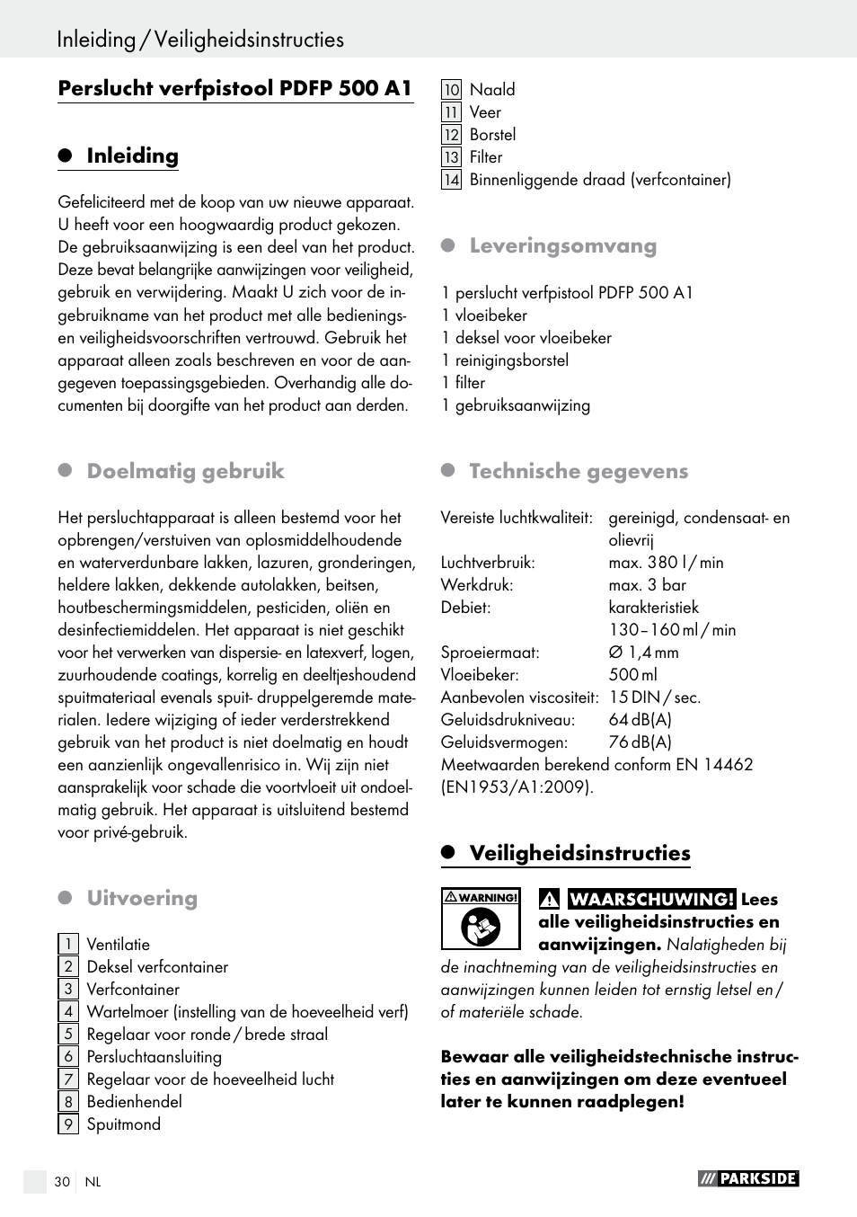 Perslucht verfpistool pdfp 500 a1, Inleiding, Doelmatig gebruik | Uitvoering, Leveringsomvang, Technische gegevens, Veiligheidsinstructies | Parkside PDFP 500 A1 User Manual | Page 30 / 44