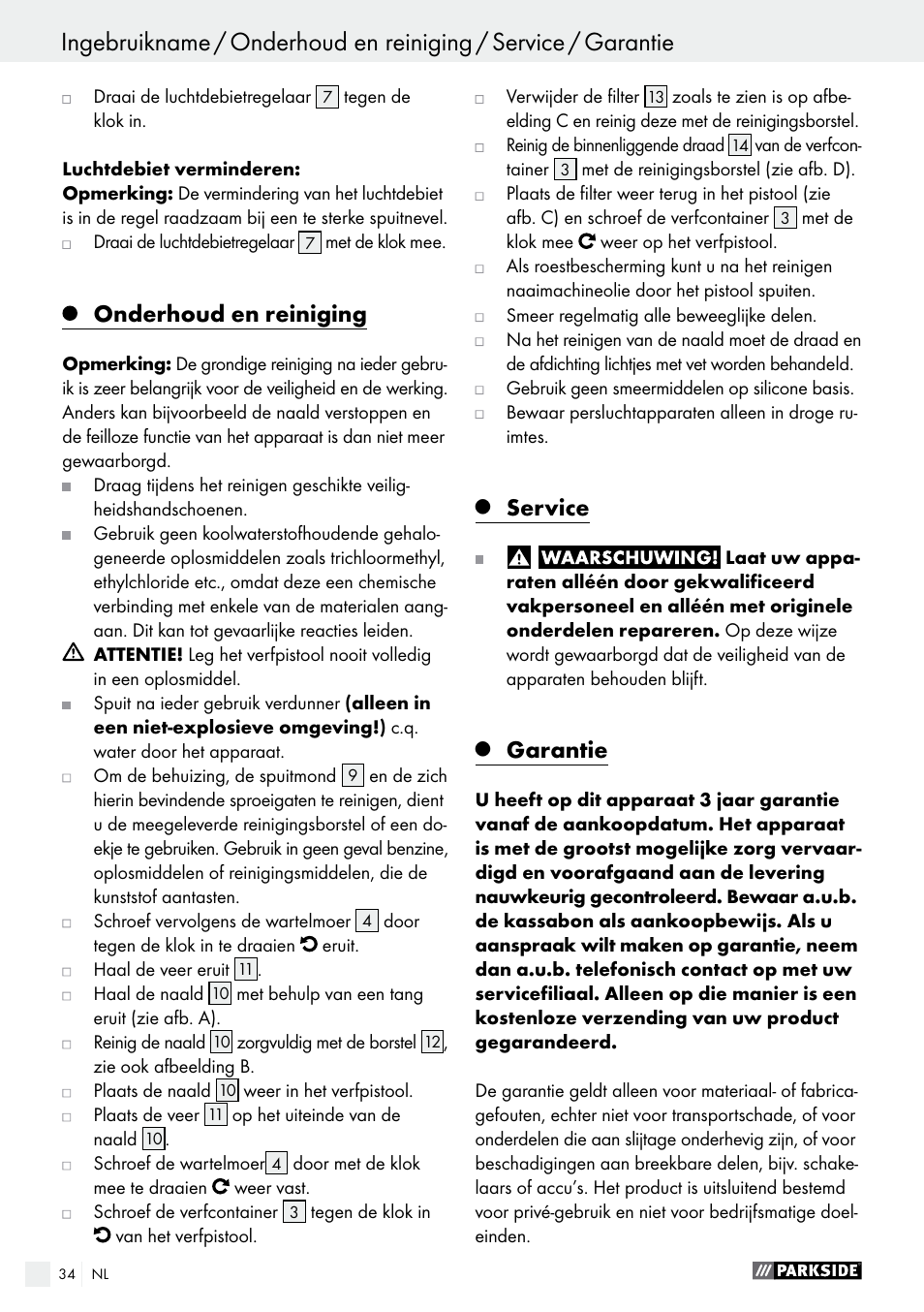 Onderhoud en reiniging, Service, Garantie | Parkside PDFP 500 A1 User Manual | Page 34 / 44