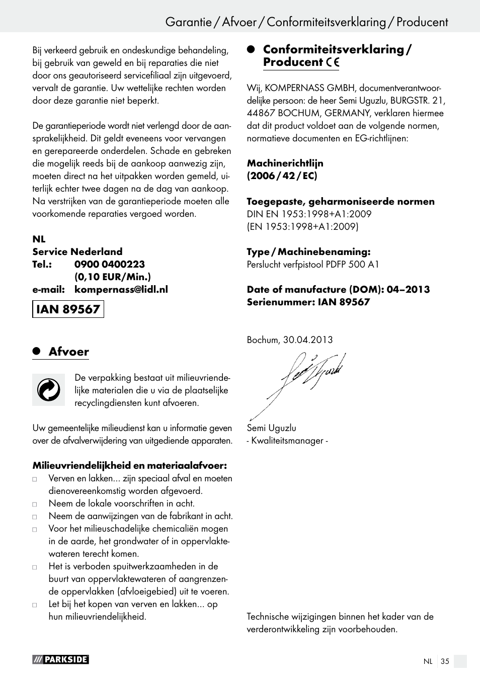 Afvoer, Conformiteitsverklaring / producent | Parkside PDFP 500 A1 User Manual | Page 35 / 44