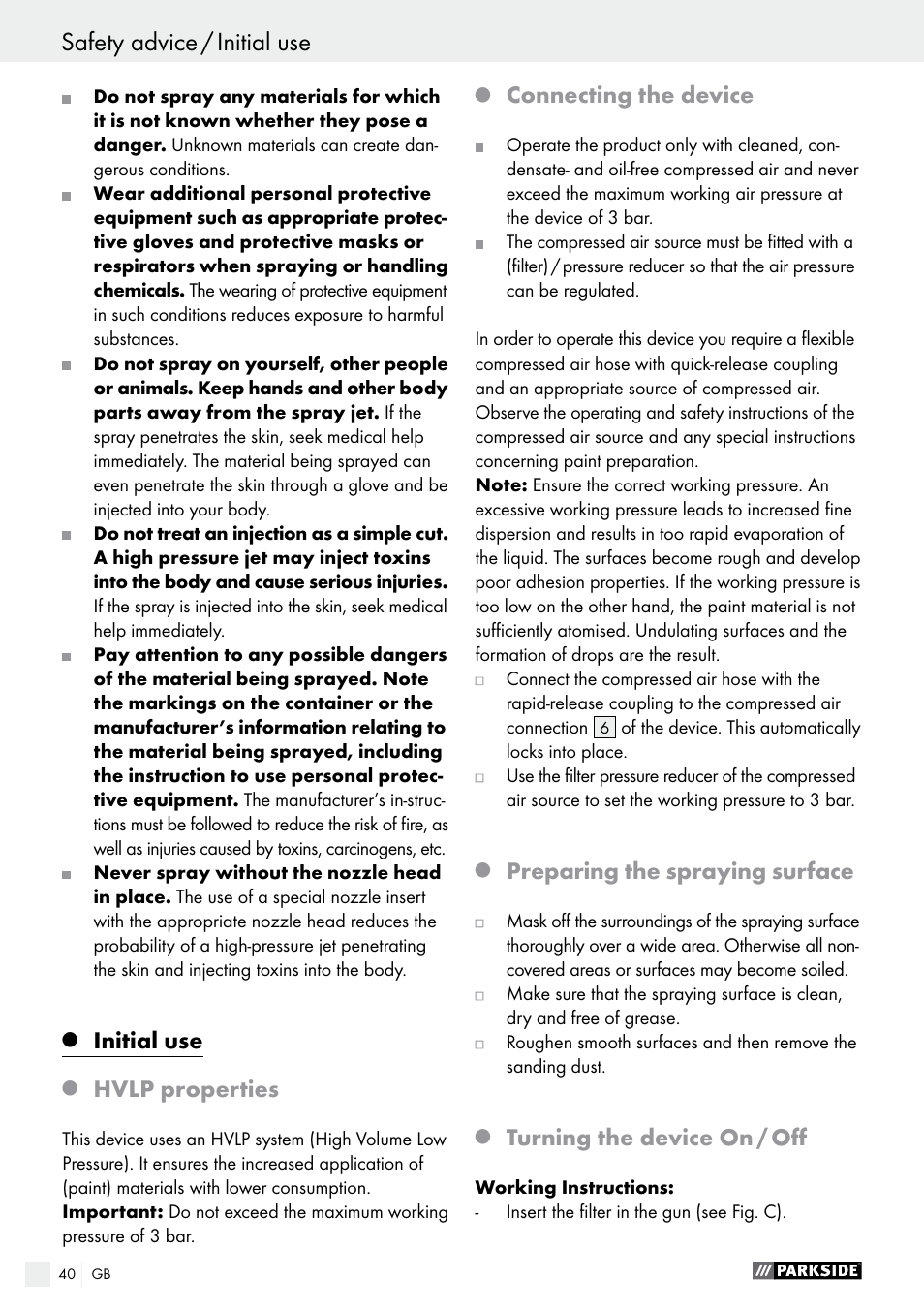 Initial use, Hvlp properties, Connecting the device | Preparing the spraying surface, Turning the device on / off | Parkside PDFP 500 A1 User Manual | Page 40 / 44