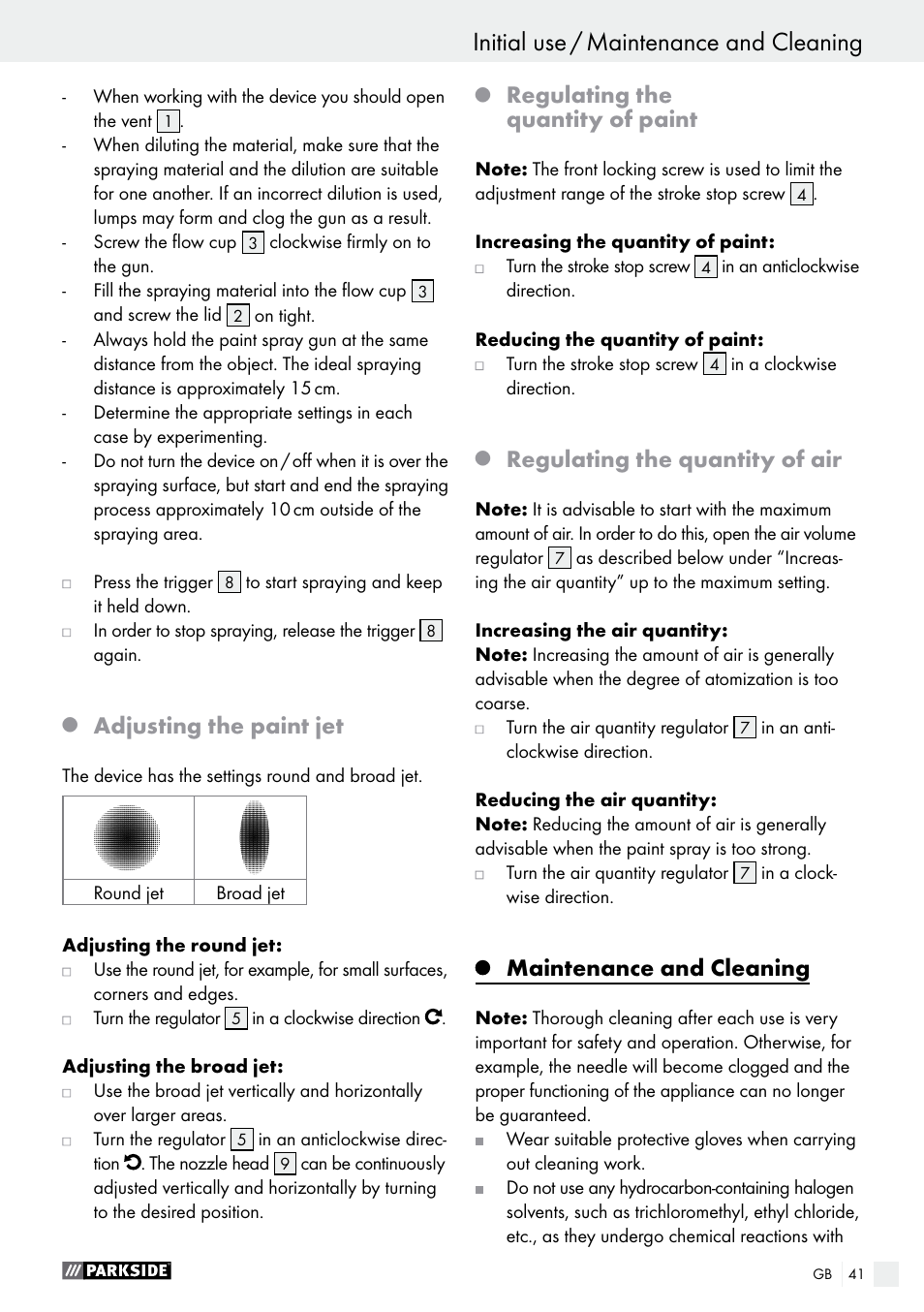 Initial use / maintenance and cleaning, Safety advice / initial use, Adjusting the paint jet | Regulating the quantity of paint, Regulating the quantity of air, Maintenance and cleaning | Parkside PDFP 500 A1 User Manual | Page 41 / 44