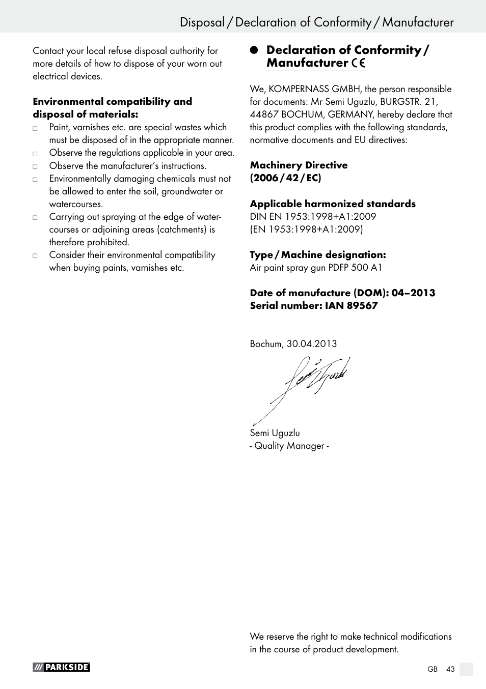 Declaration of conformity / manufacturer | Parkside PDFP 500 A1 User Manual | Page 43 / 44
