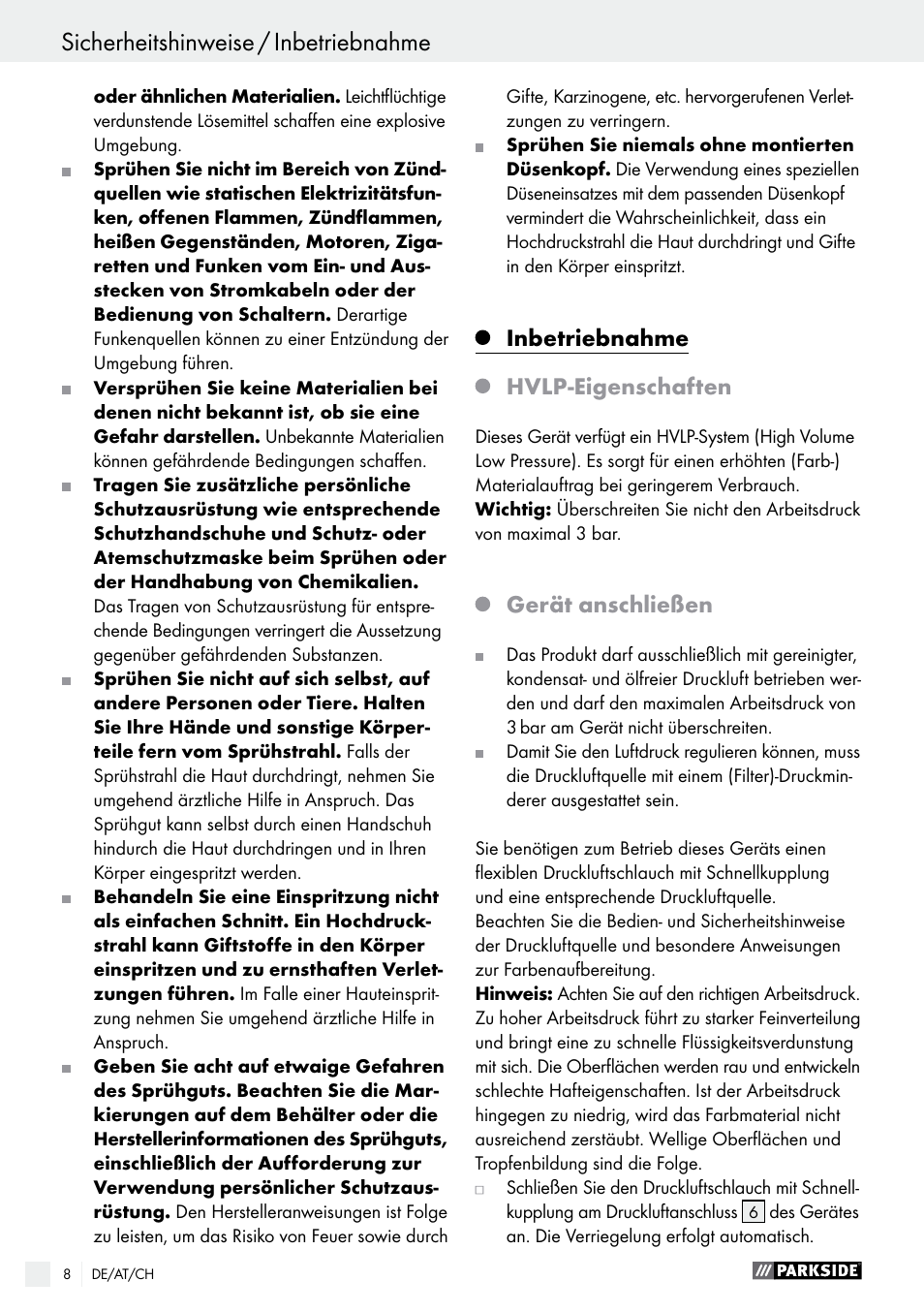 Inbetriebnahme, Sicherheitshinweise / inbetriebnahme, Hvlp-eigenschaften | Gerät anschließen | Parkside PDFP 500 A1 User Manual | Page 8 / 44
