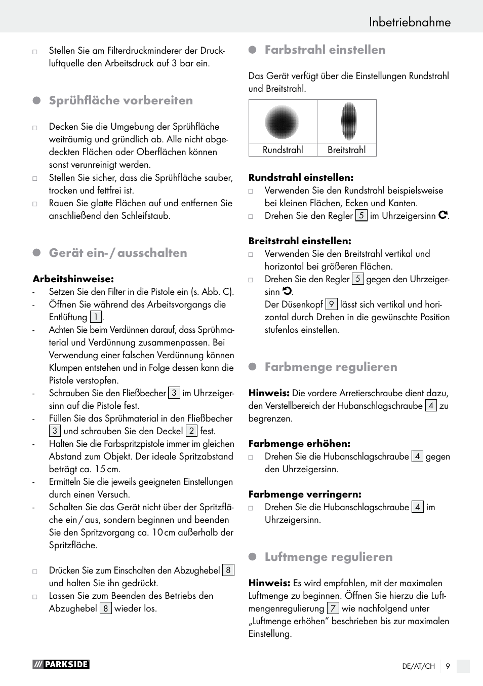 Sprühfläche vorbereiten, Gerät ein- / ausschalten, Farbstrahl einstellen | Farbmenge regulieren, Luftmenge regulieren | Parkside PDFP 500 A1 User Manual | Page 9 / 44