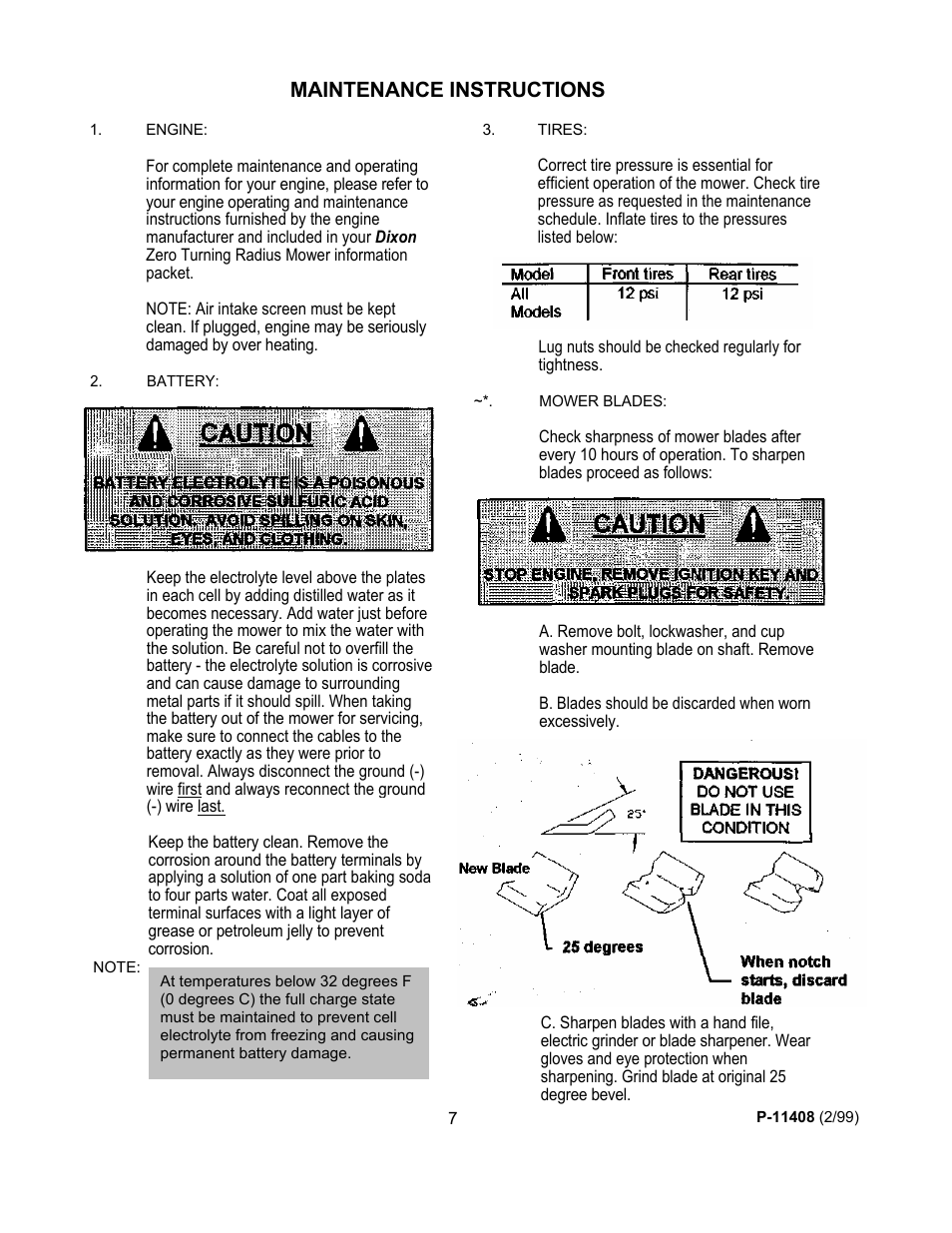 Maintenance instructions | Dixon 700 Series User Manual | Page 11 / 21