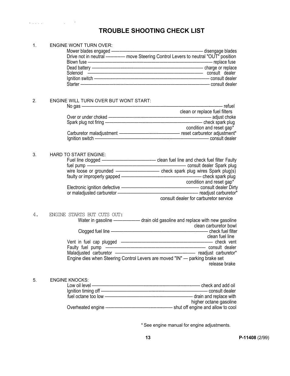 Trouble shooting check list | Dixon 700 Series User Manual | Page 17 / 21