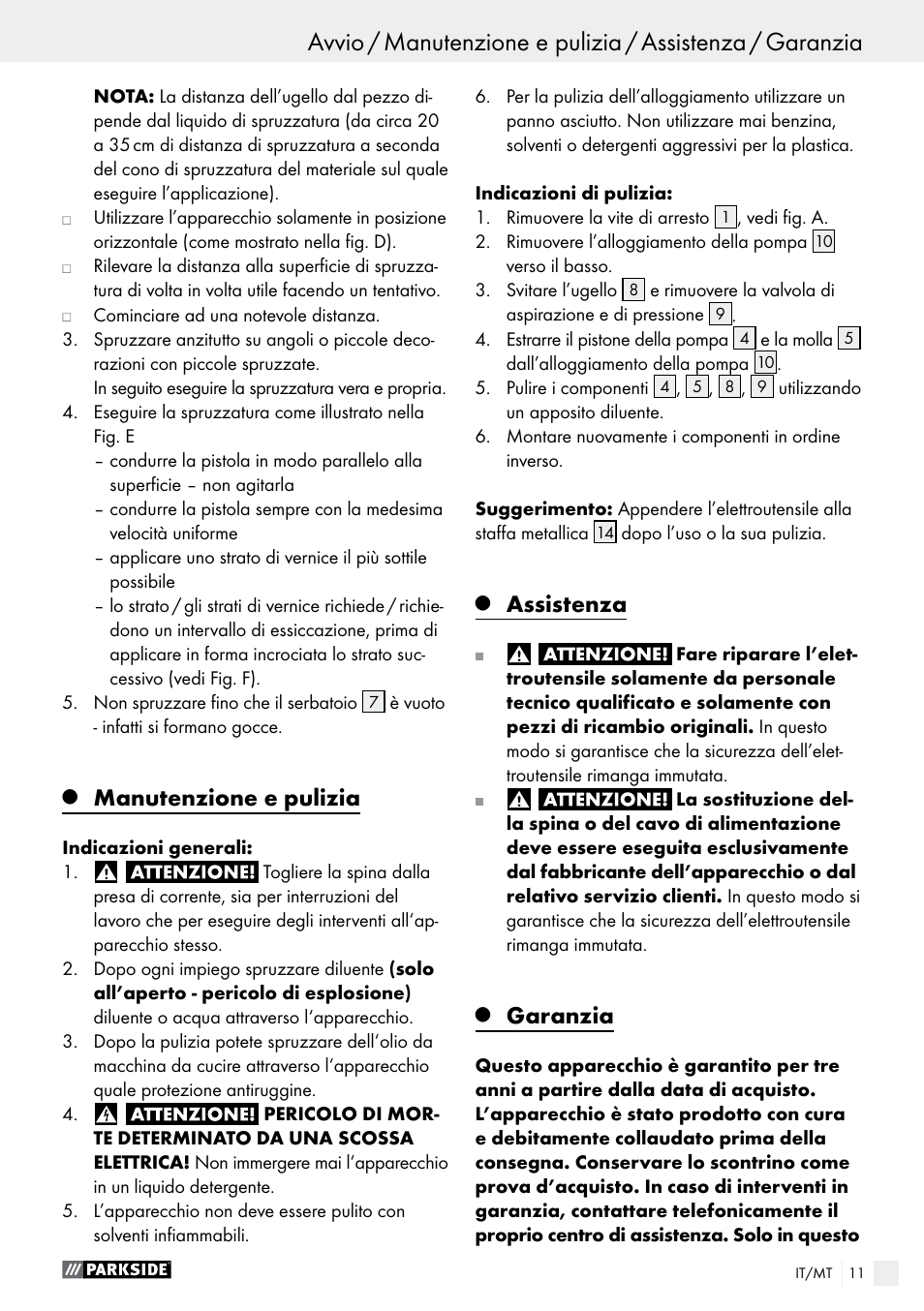 Manutenzione e pulizia, Assistenza, Garanzia | Parkside PFS 100 B2 User Manual | Page 11 / 42