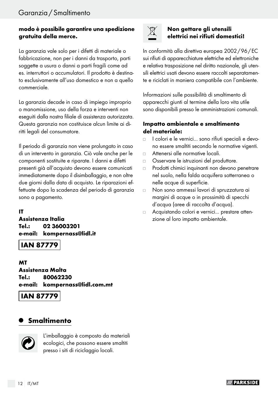 Dichiarazione di conformità / fabbricante, Garanzia / smaltimento, Smaltimento | Parkside PFS 100 B2 User Manual | Page 12 / 42