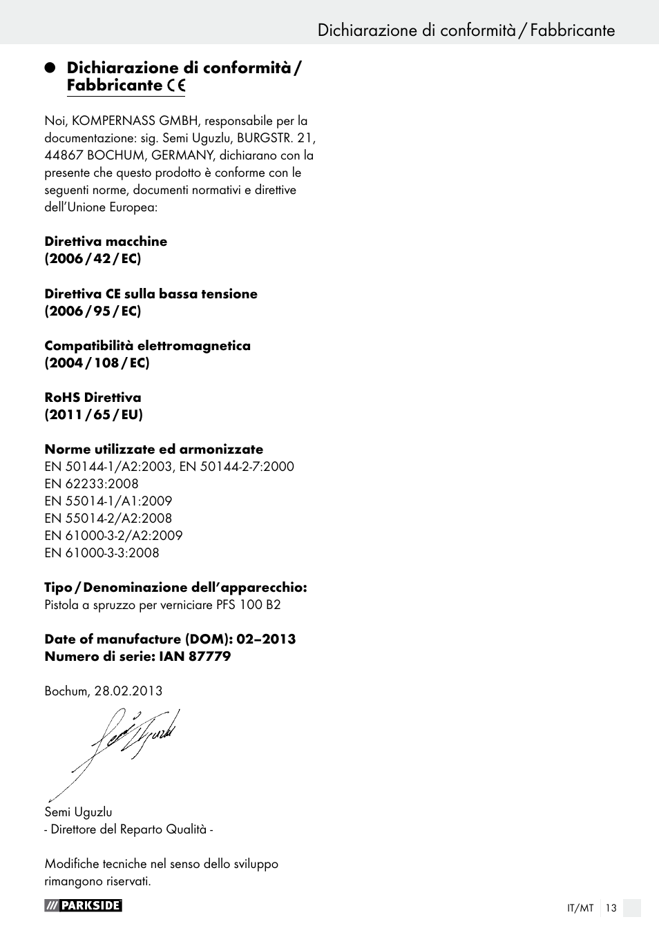 Dichiarazione di conformità / fabbricante | Parkside PFS 100 B2 User Manual | Page 13 / 42