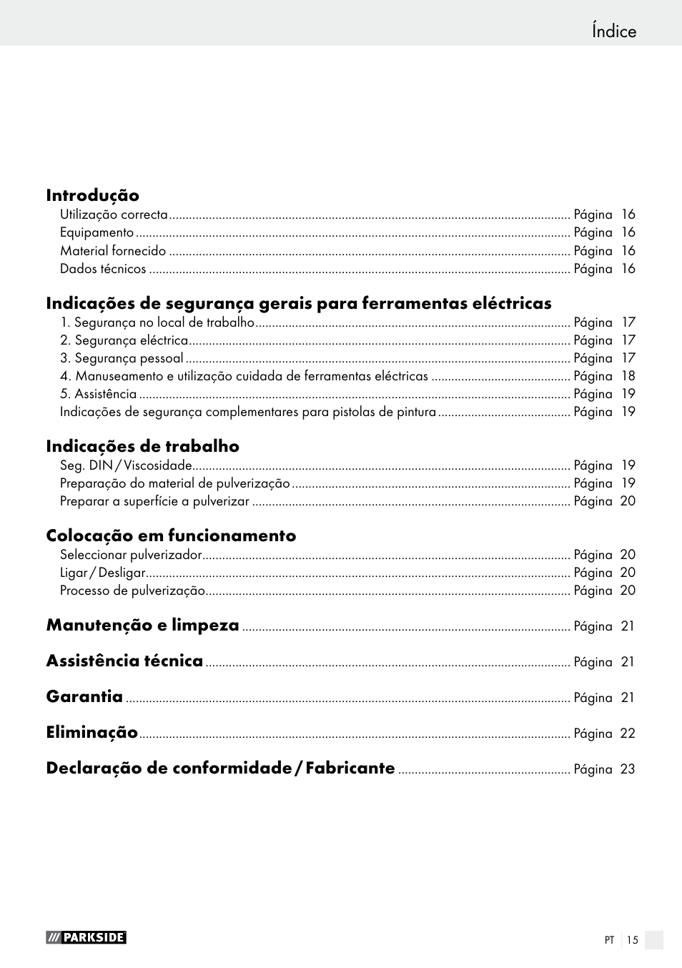 Índice | Parkside PFS 100 B2 User Manual | Page 15 / 42