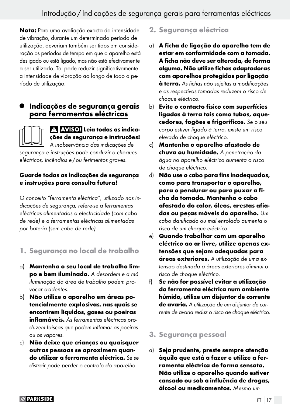 Introdução, Segurança no local de trabalho, Segurança eléctrica | Segurança pessoal | Parkside PFS 100 B2 User Manual | Page 17 / 42