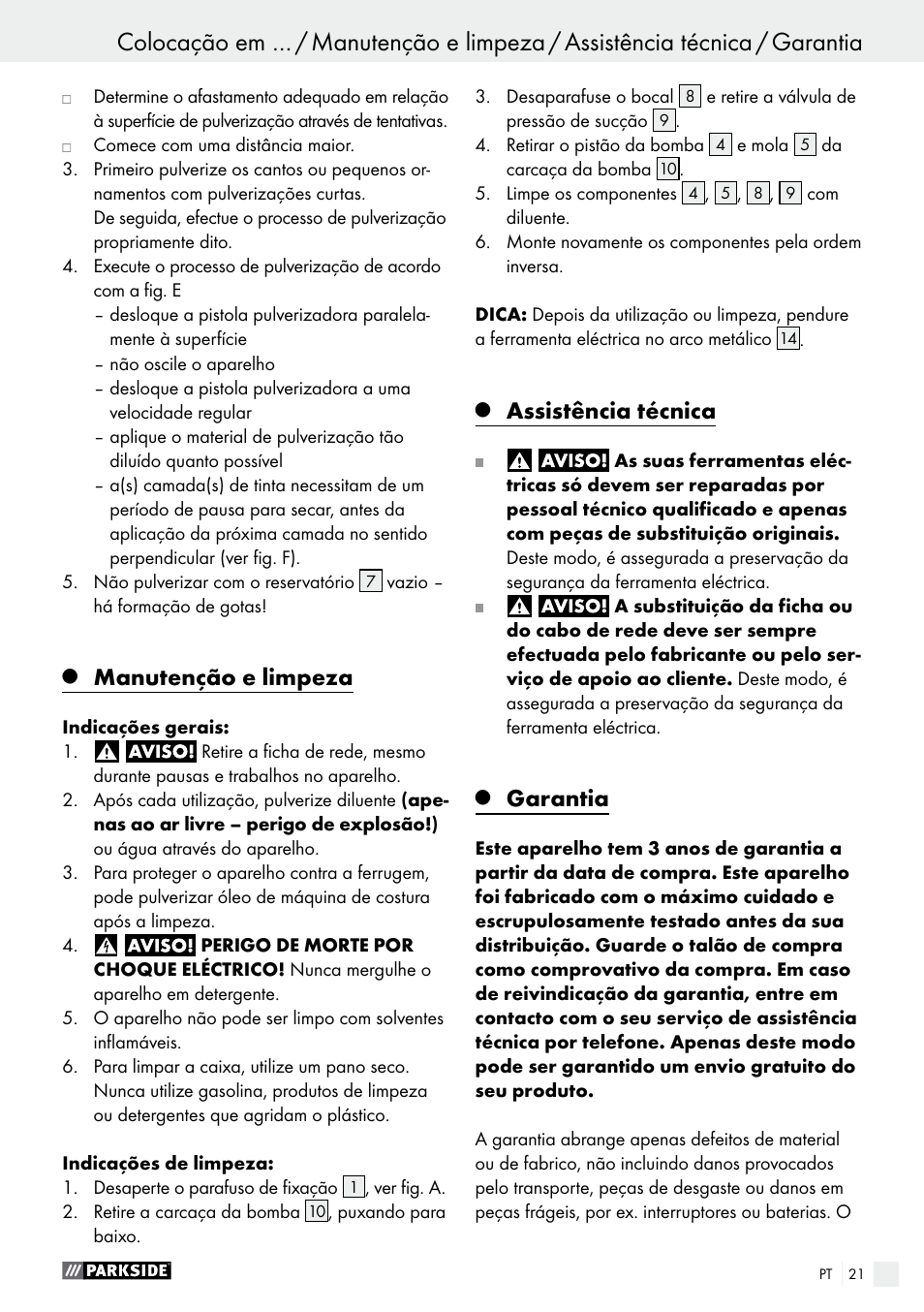 Manutenção e limpeza, Assistência técnica, Garantia | Parkside PFS 100 B2 User Manual | Page 21 / 42
