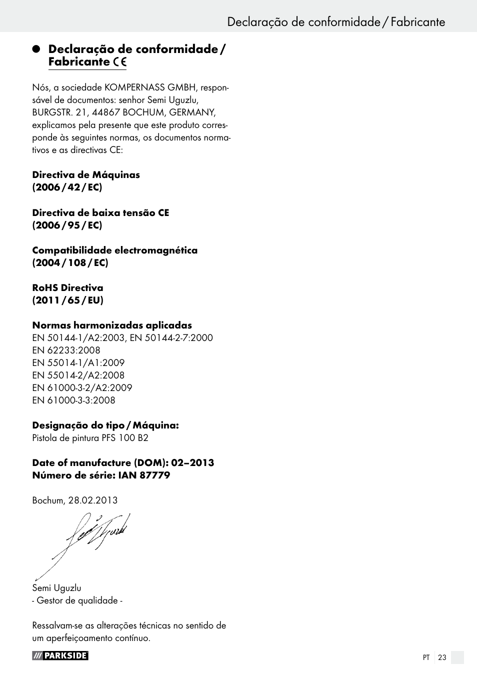 Declaração de conformidade / fabricante, Garantia / eliminação | Parkside PFS 100 B2 User Manual | Page 23 / 42