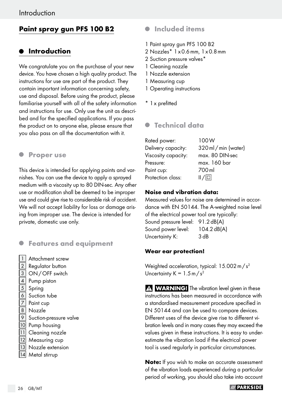 Paint spray gun pfs 100 b2, Introduction, Proper use | Features and equipment, Included items, Technical data | Parkside PFS 100 B2 User Manual | Page 26 / 42