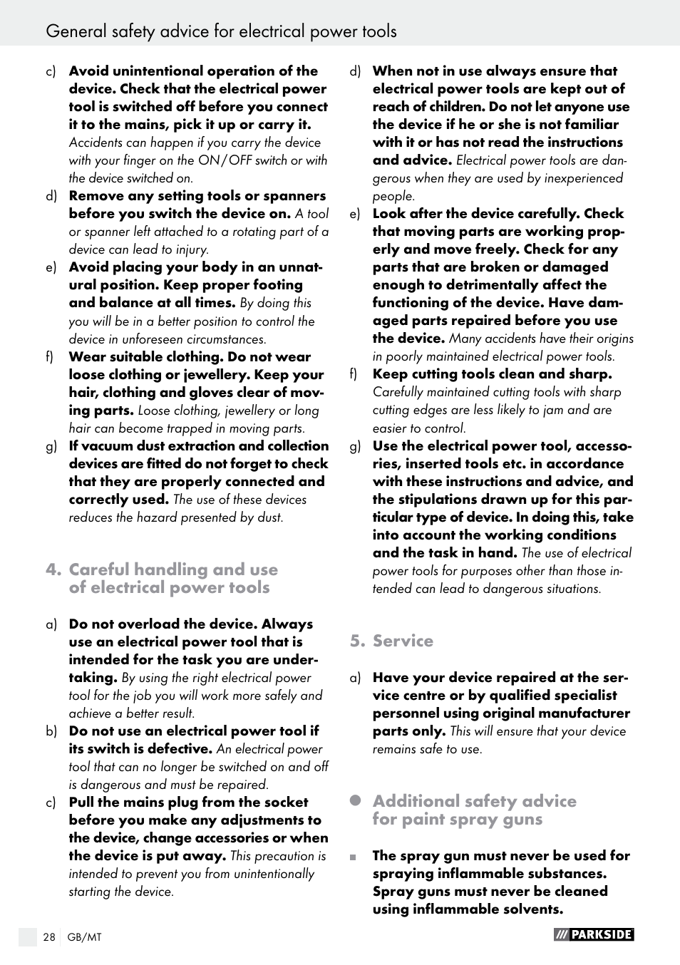 Careful handling and use of electrical power tools, Service, Additional safety advice for paint spray guns | Parkside PFS 100 B2 User Manual | Page 28 / 42