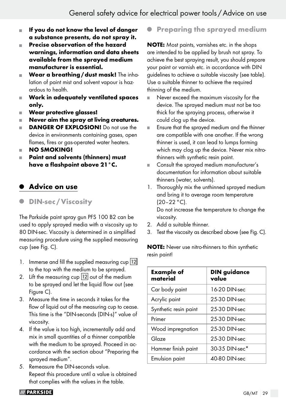 Advice on use, Din-sec / viscosity, Preparing the sprayed medium | Parkside PFS 100 B2 User Manual | Page 29 / 42