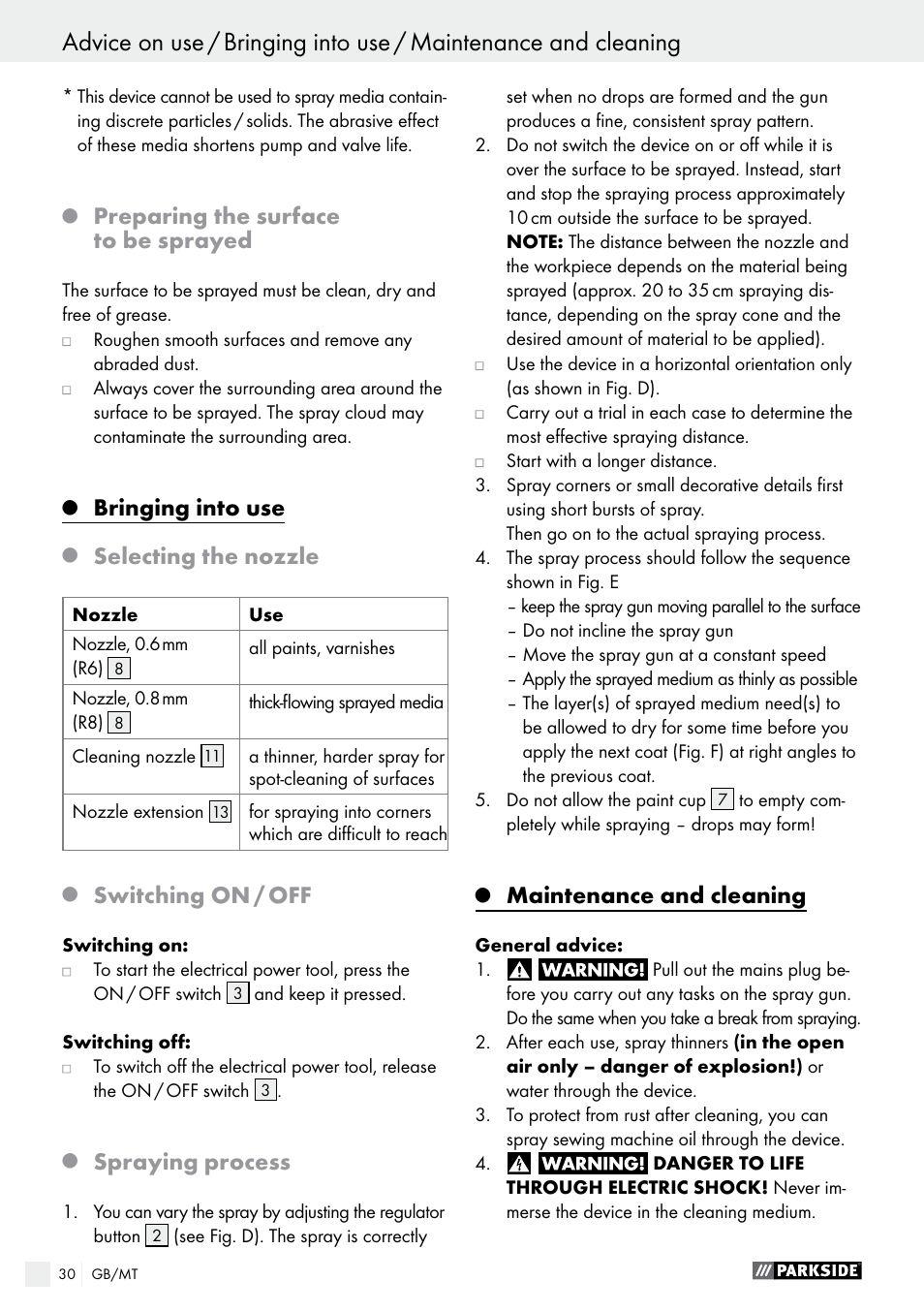 Preparing the surface to be sprayed, Bringing into use, Selecting the nozzle | Switching on / off, Spraying process, Maintenance and cleaning | Parkside PFS 100 B2 User Manual | Page 30 / 42