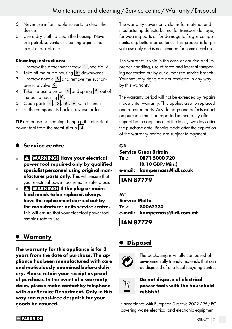 Service centre, Warranty, Disposal | Parkside PFS 100 B2 User Manual | Page 31 / 42