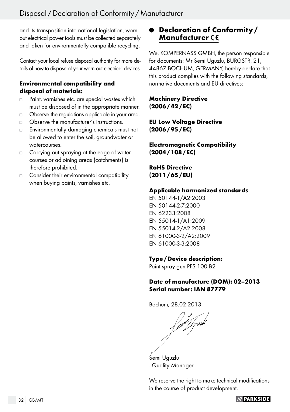 Parkside PFS 100 B2 User Manual | Page 32 / 42