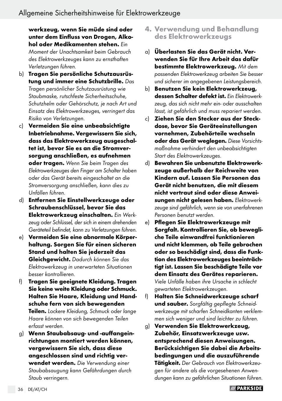 Verwendung und behandlung des elektrowerkzeugs | Parkside PFS 100 B2 User Manual | Page 36 / 42