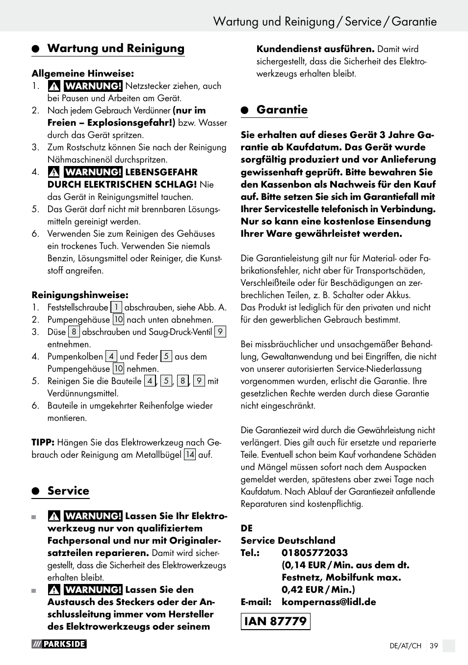 Wartung und reinigung, Service, Garantie | Parkside PFS 100 B2 User Manual | Page 39 / 42